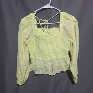 American Eagle Sz LARGE Long Sleeve Butter Yellow‎ Peasant Smocked Crop Top Boho